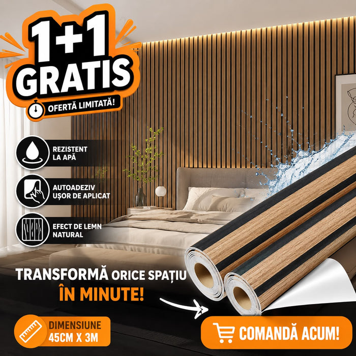1+1, GRATIS Tapet  autoadeziv cu efect de lemn rezistent la apa, 45cmX3m