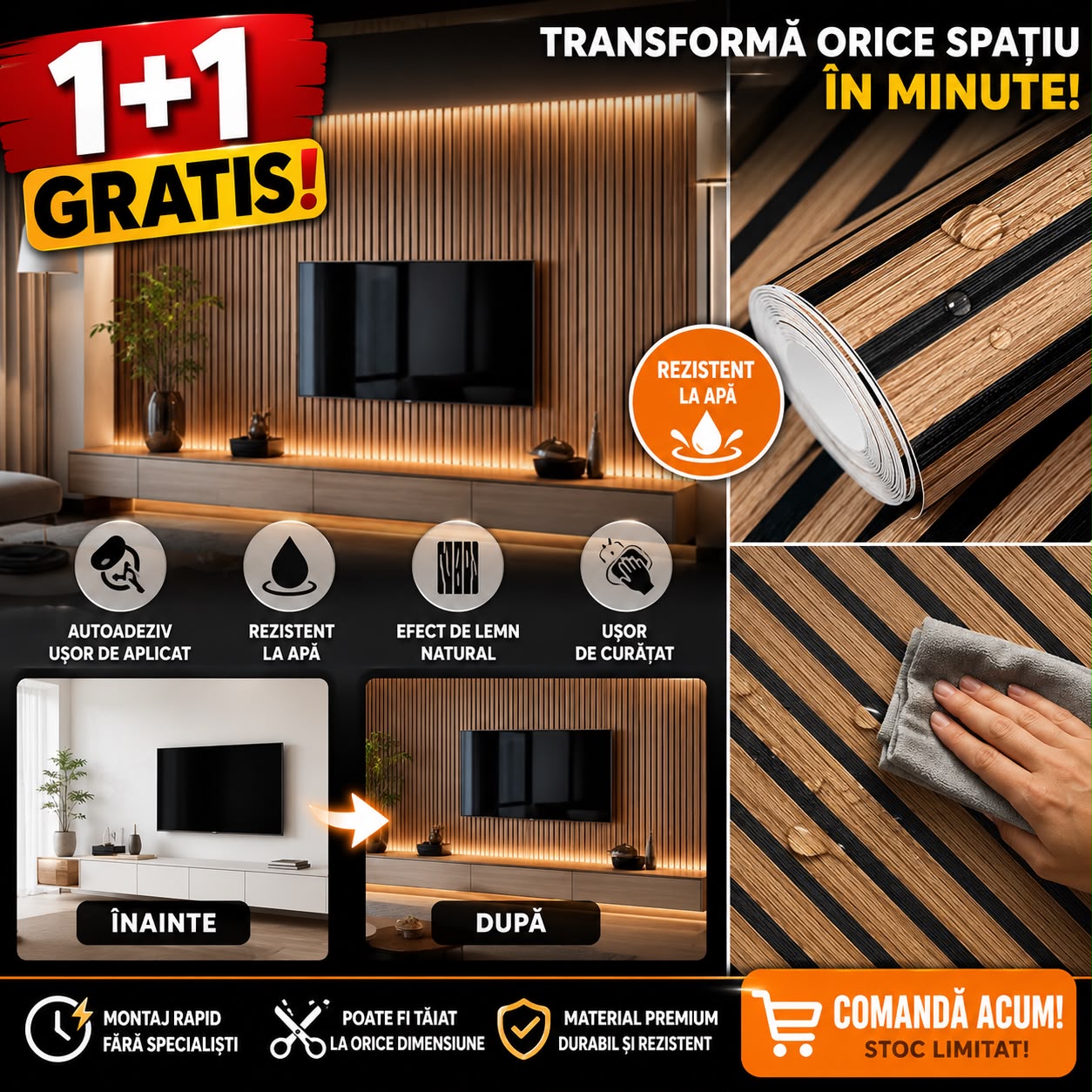 1+1, GRATIS Tapet  autoadeziv cu efect de lemn rezistent la apa, 45cmX3m