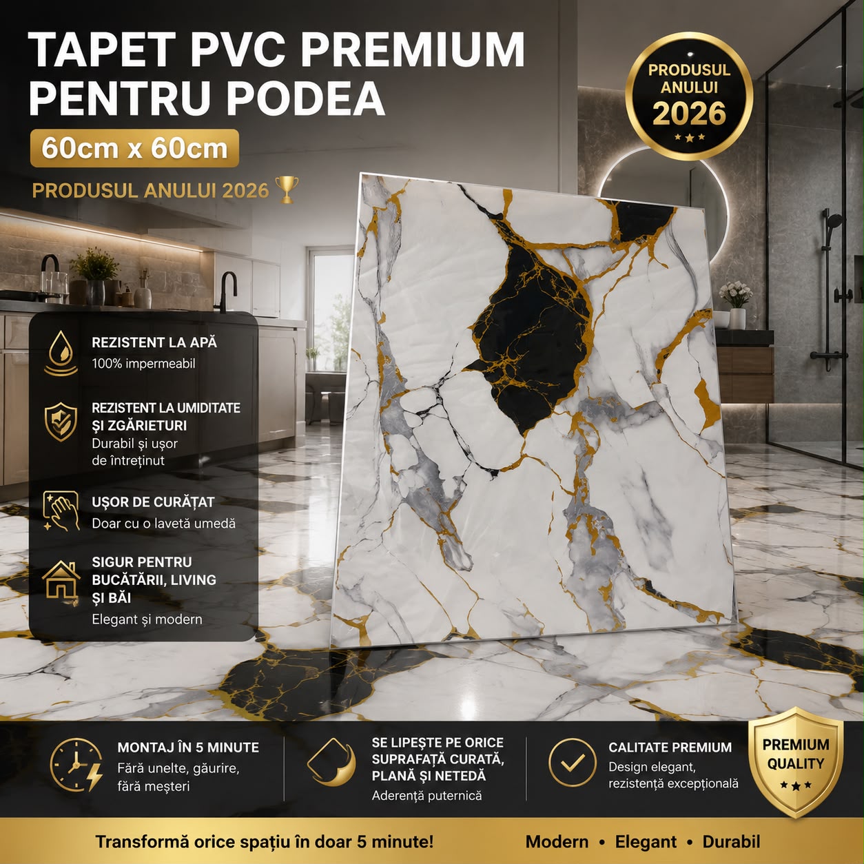 3+3 CADOU, Tapet PVC PREMIUM pentru PODEA,rezistent la apa, 60cmX60CM