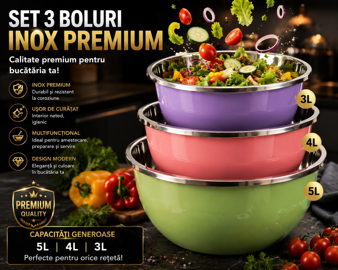 Set 3 Boluri Inox Premium – 24,20,18 cm | Design Modern, Rezistente și Ușor de Curățat