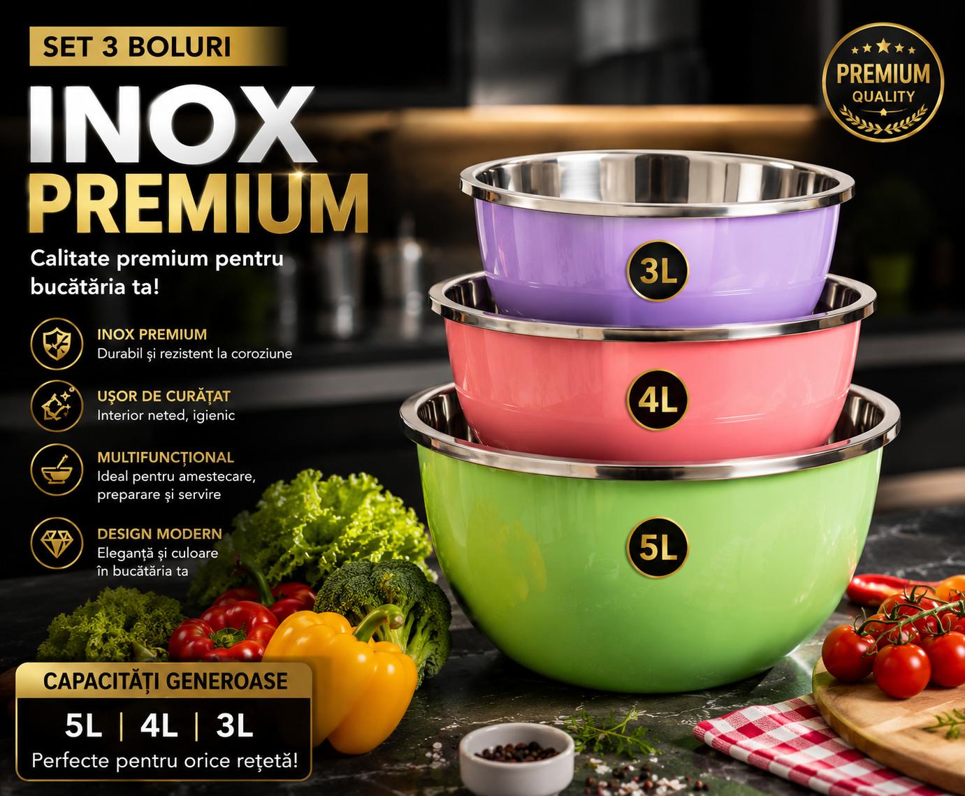Set 3 Boluri Inox Premium – 24,20,18 cm | Design Modern, Rezistente și Ușor de Curățat