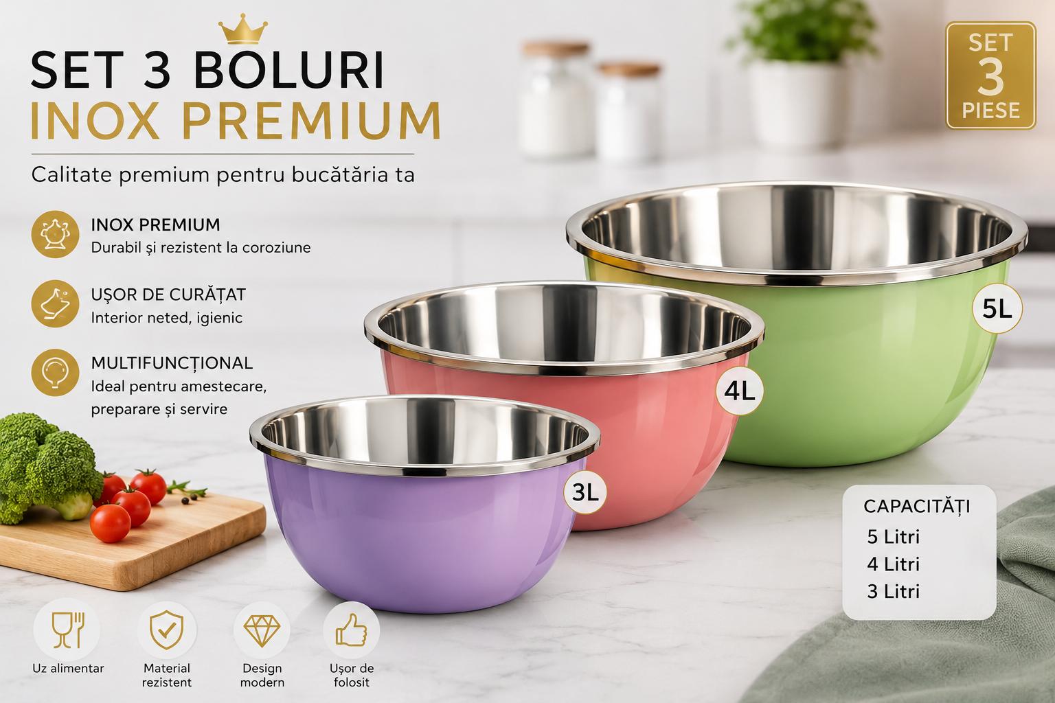 Set 3 Boluri Inox Premium – 24,20,18 cm | Design Modern, Rezistente și Ușor de Curățat