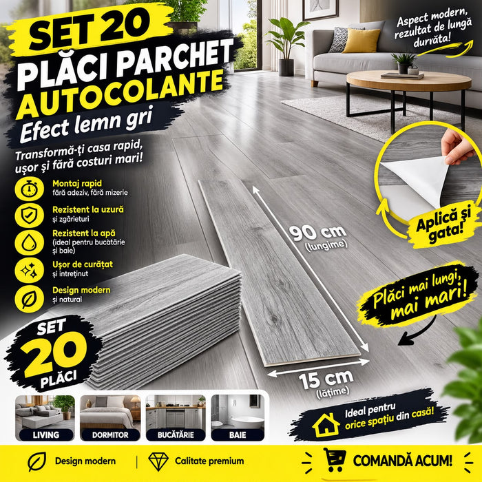 SET 20 placi parchet autocolante, 90 x 15 cm, efect lemn gri