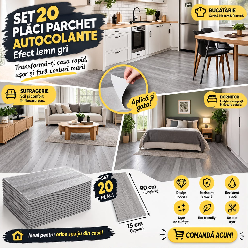 SET 20 placi parchet autocolante, 90 x 15 cm, efect lemn gri