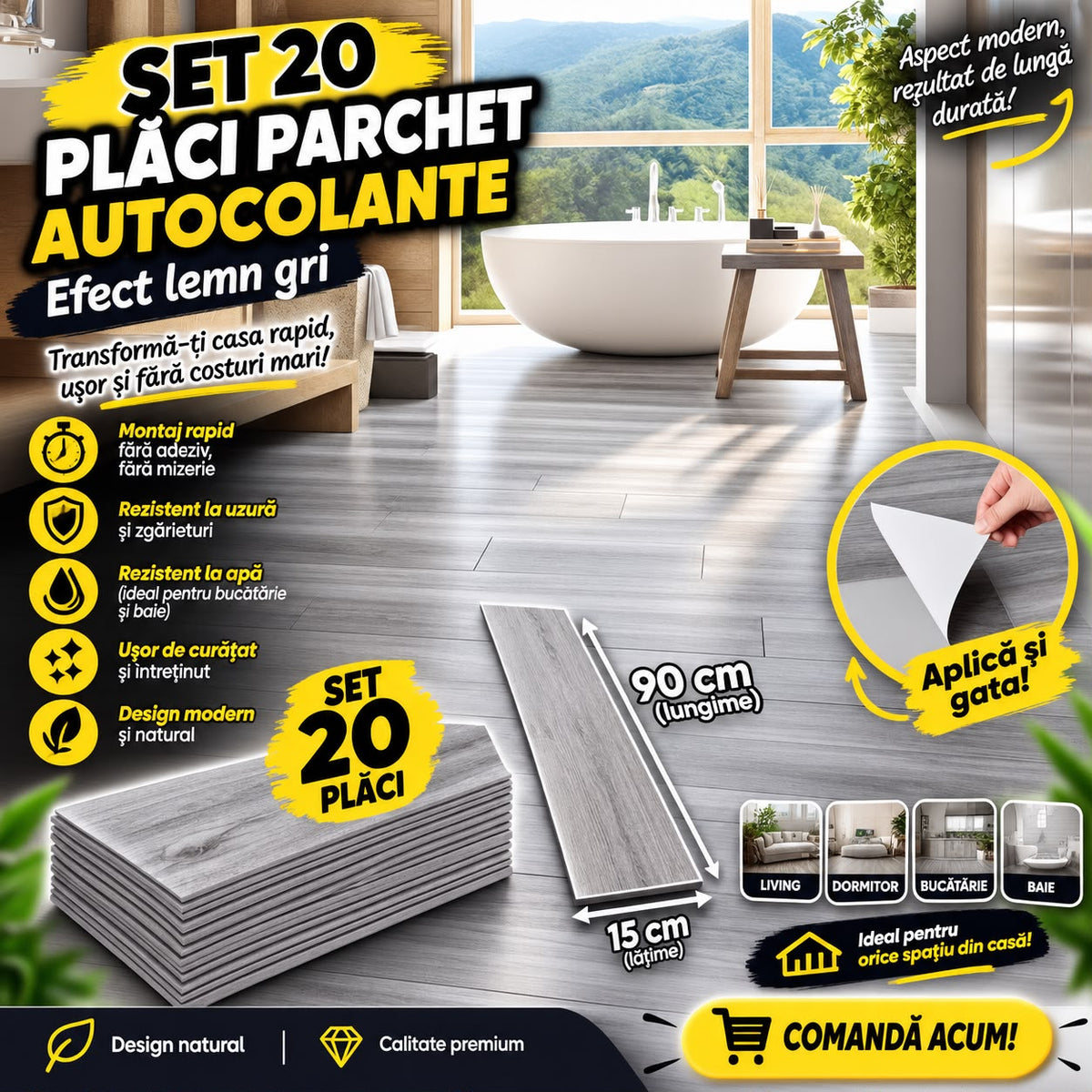 SET 20 placi parchet autocolante, 90 x 15 cm, efect lemn gri