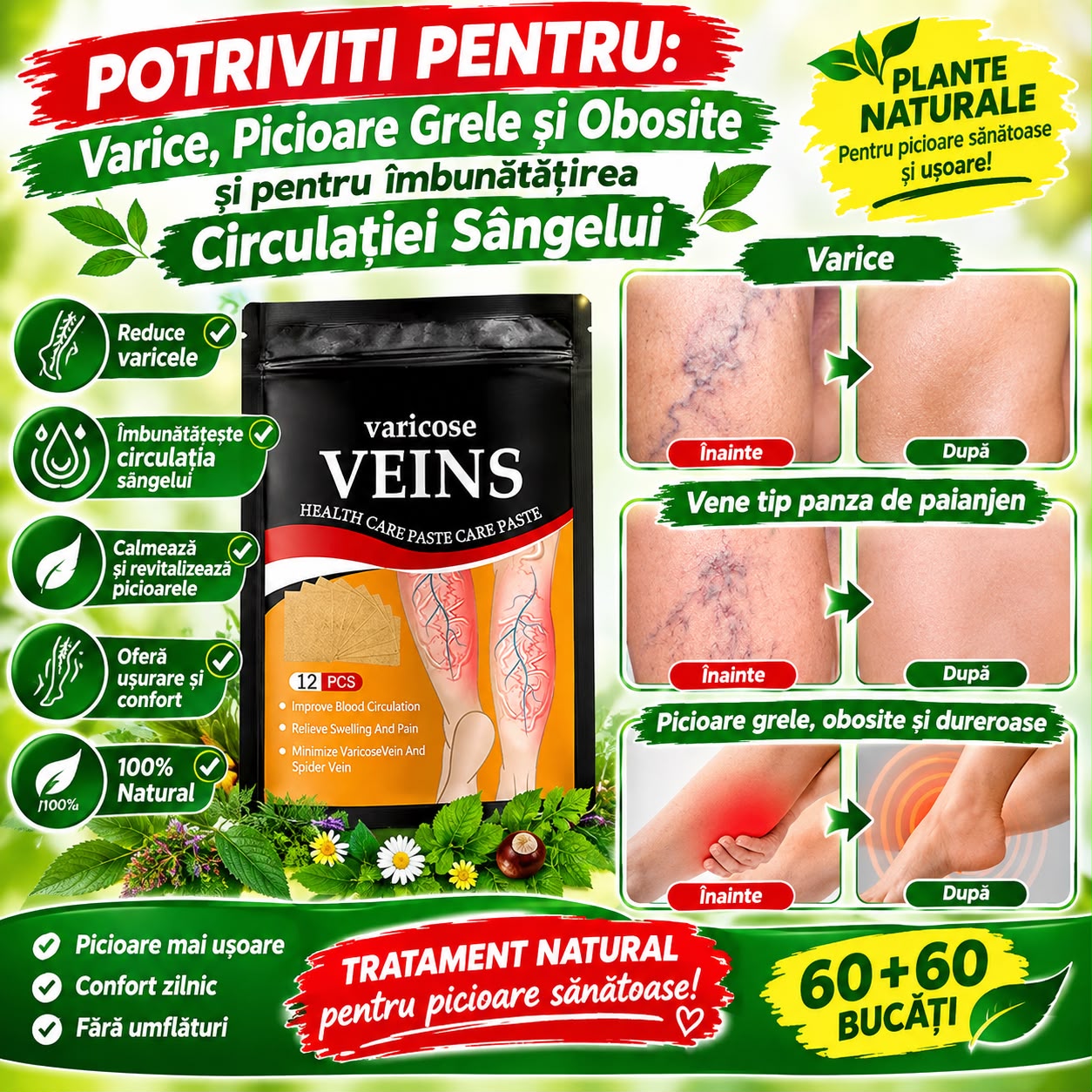 Set 120 Plasturi  AntiVarice  si Picioare Grele din Plante Naturale