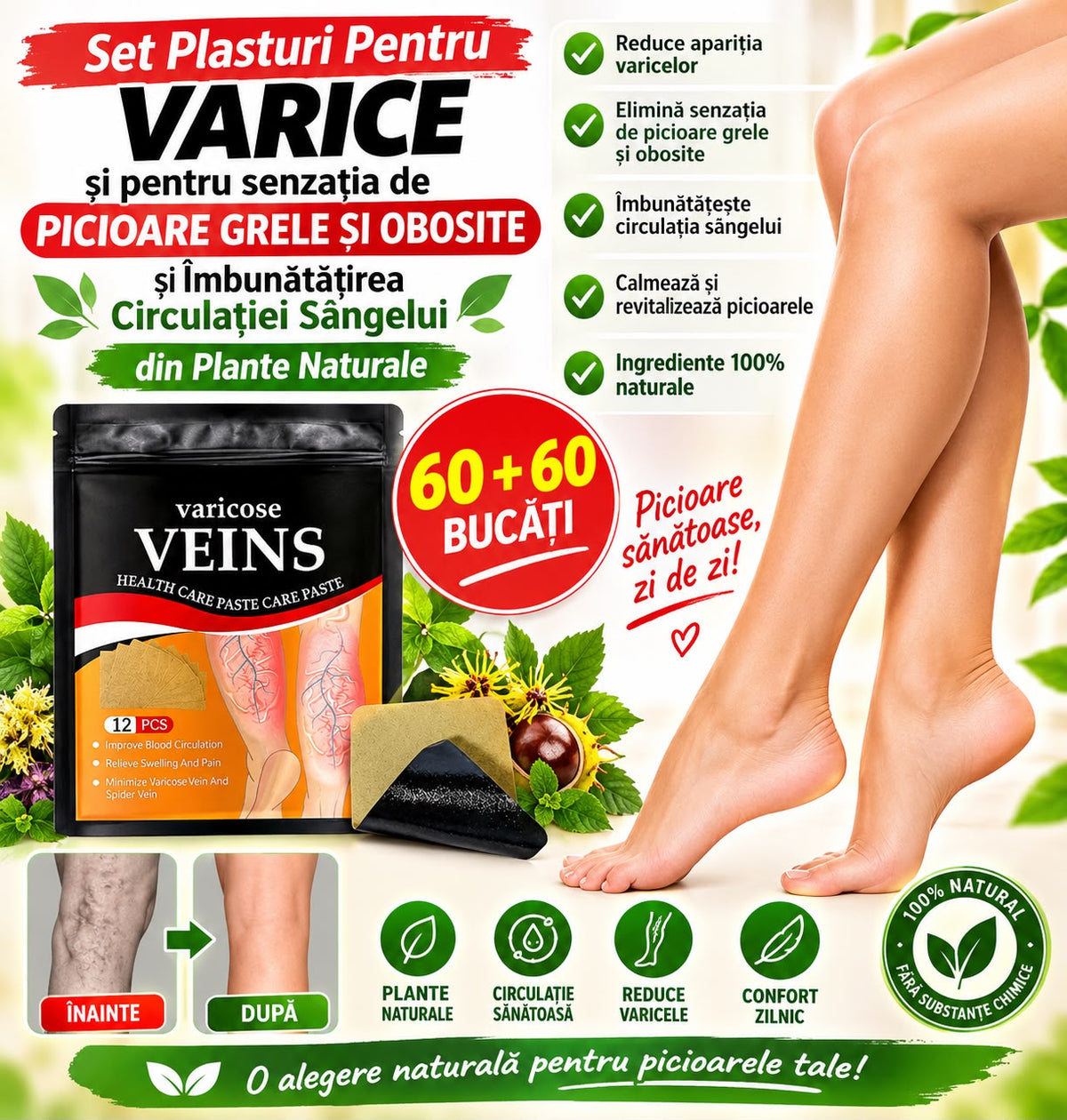 Set 120 Plasturi  AntiVarice  si Picioare Grele din Plante Naturale