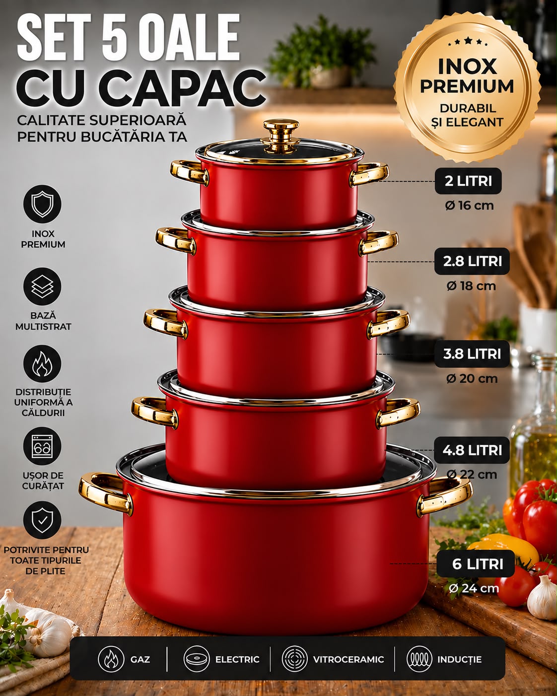 Set Complet 5 Oale Cu Capac, Inox Premium