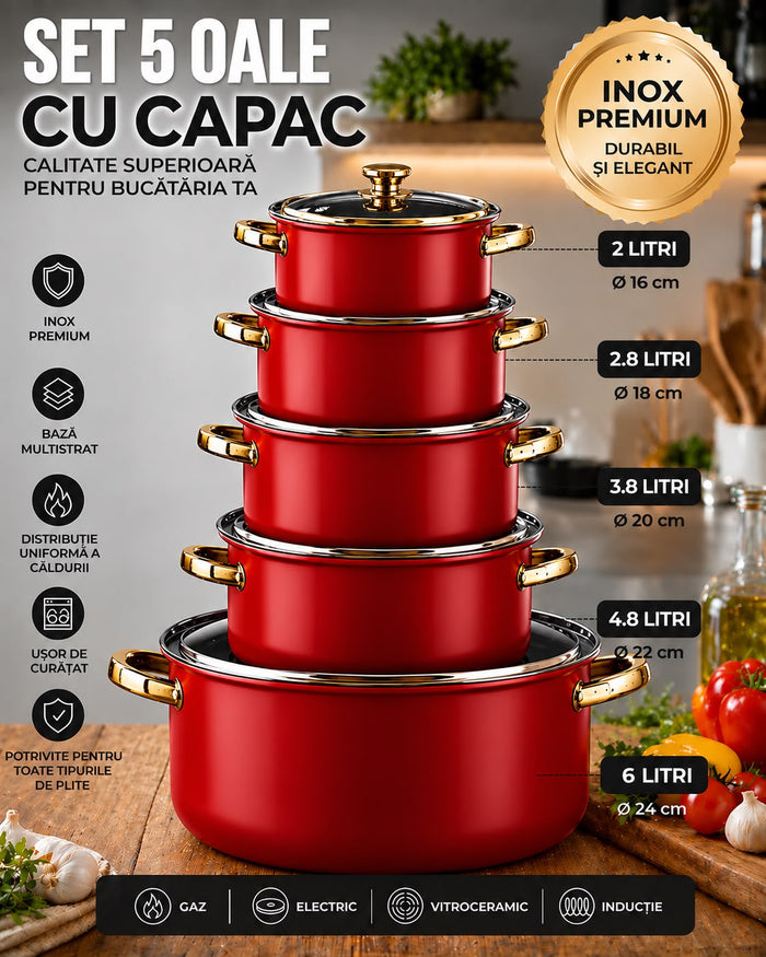 Set Complet 5 Oale Cu Capac, Inox Premium