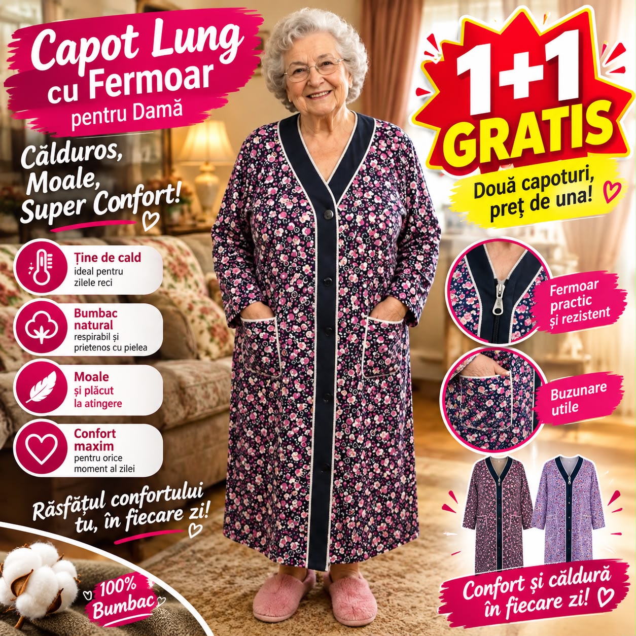 1+1 Gratis, Capot Lung cu Fermoar pentru Damă – Călduros, Moale, Super Confort, bumbac
