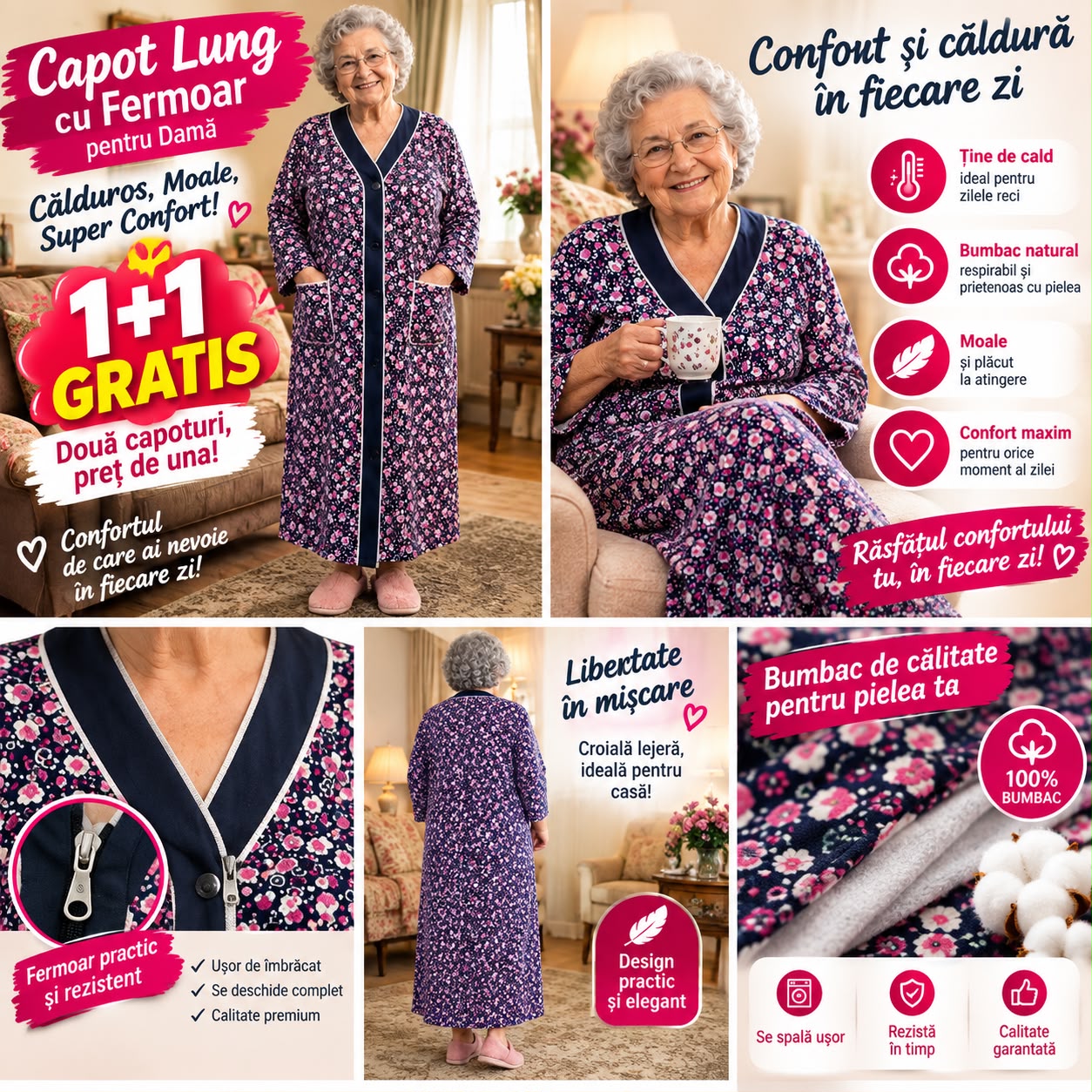 1+1 Gratis, Capot Lung cu Fermoar pentru Damă – Călduros, Moale, Super Confort, bumbac