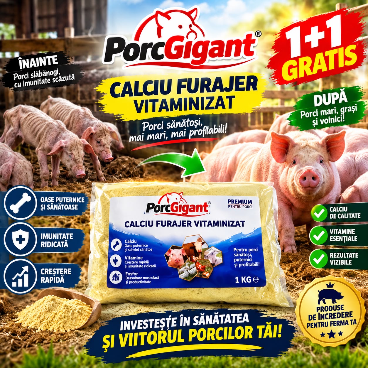 PorcGigant - Calciu Furajer Vitaminizat 1 kg ,1+1 Gratis