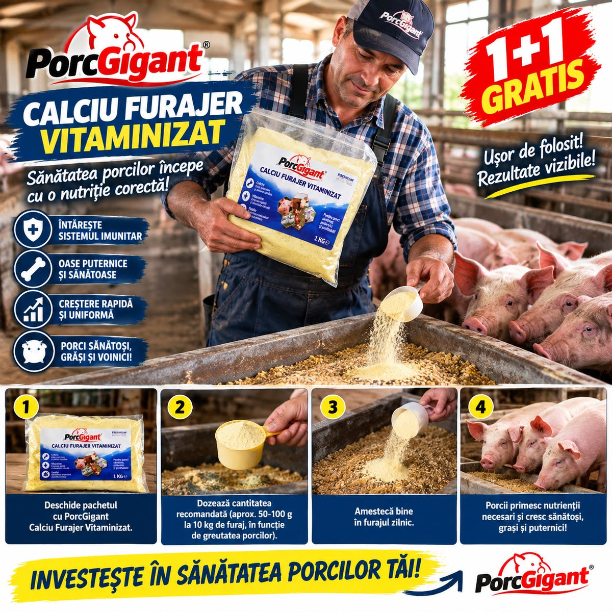 PorcGigant - Calciu Furajer Vitaminizat 1 kg ,1+1 Gratis