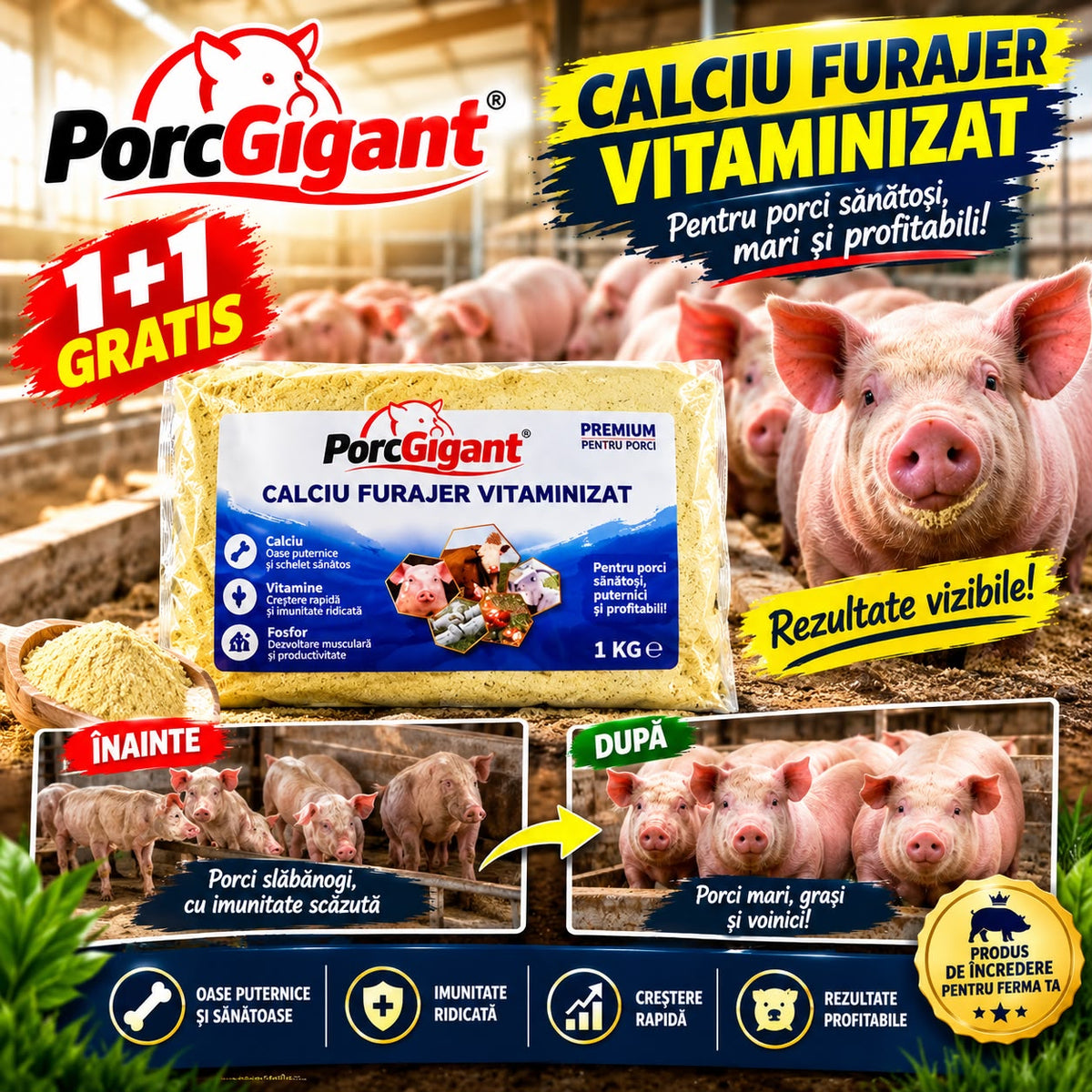 PorcGigant - Calciu Furajer Vitaminizat 1 kg ,1+1 Gratis