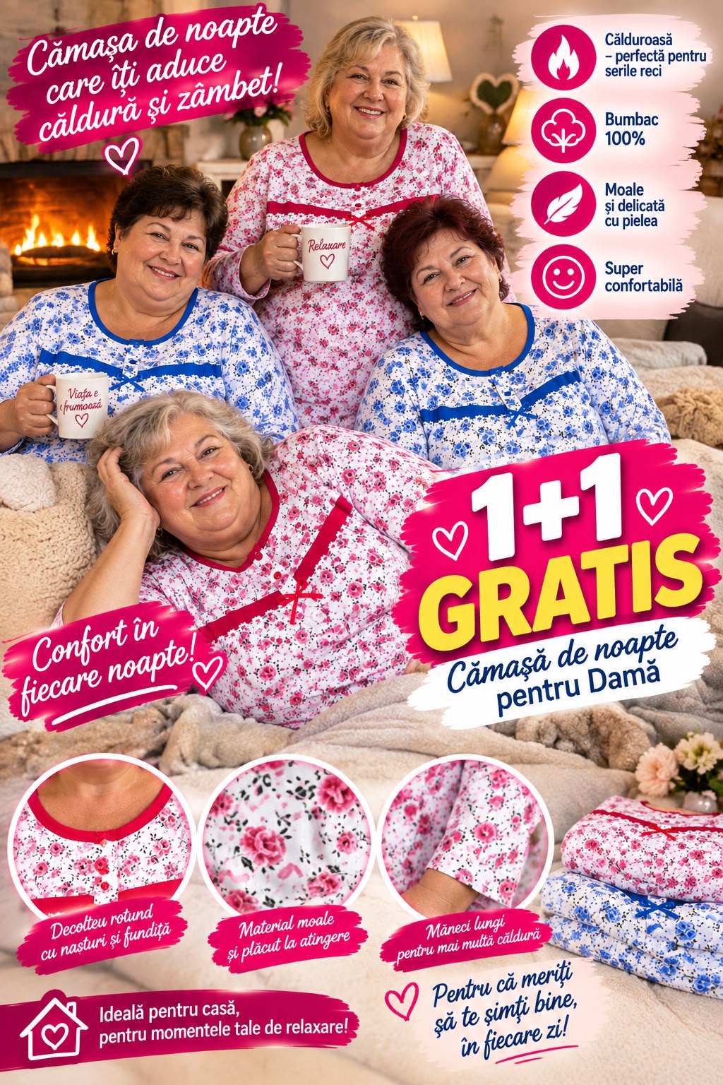 1+1 Gratis, Cămașă de noapte pentru damă, Călduroase, Moale, Super Confort, bumbac