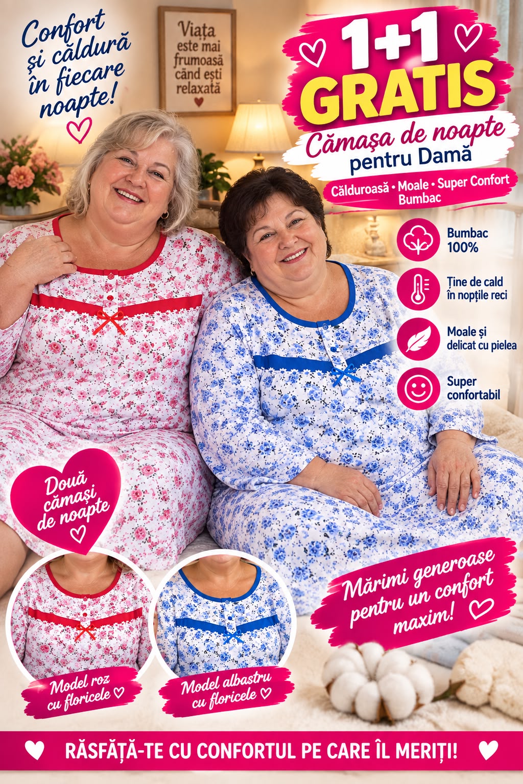 1+1 Gratis, Cămașă de noapte pentru damă, Călduroase, Moale, Super Confort, bumbac