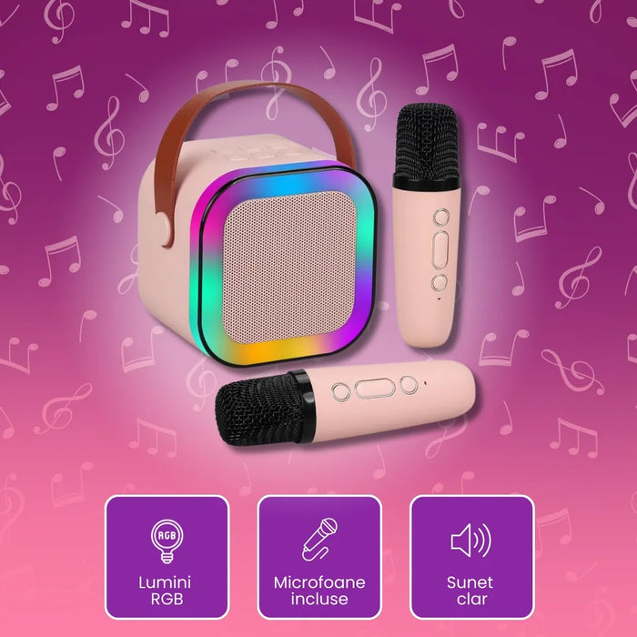 Set Karaoke cu 2 Microfoane + Boxă Portabilă cu Bluetooth și Lumini RGB
