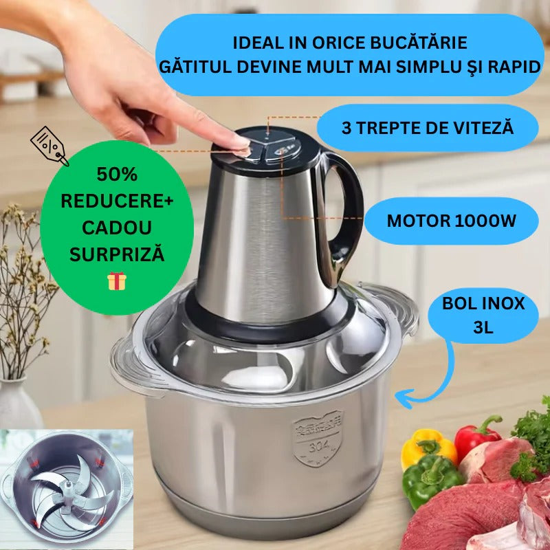 Tocător Profesional 1000 W– Bol Inox 3L + CADOU SURPRIZA 🎁