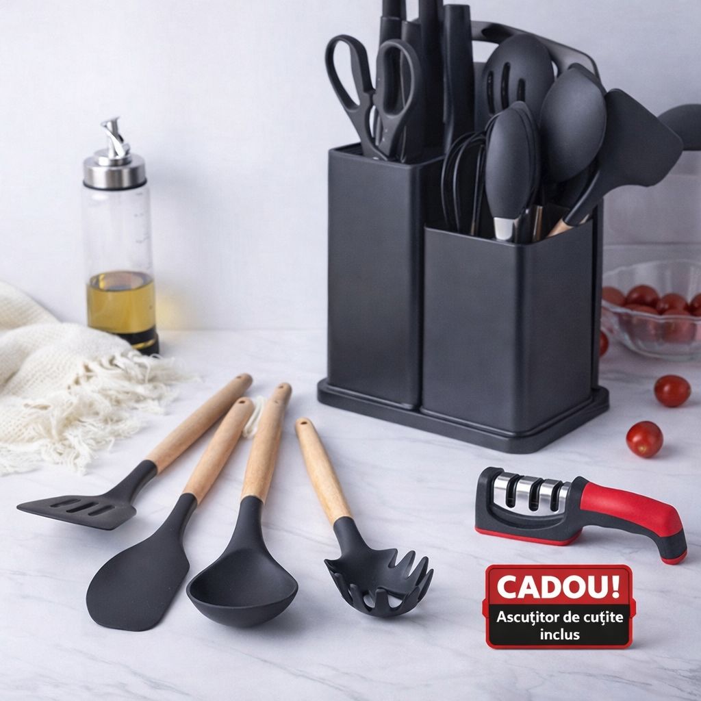Set 19 ustensile de gatit din silicon , suport si tocator + ascuțitor de cuțite CADOU