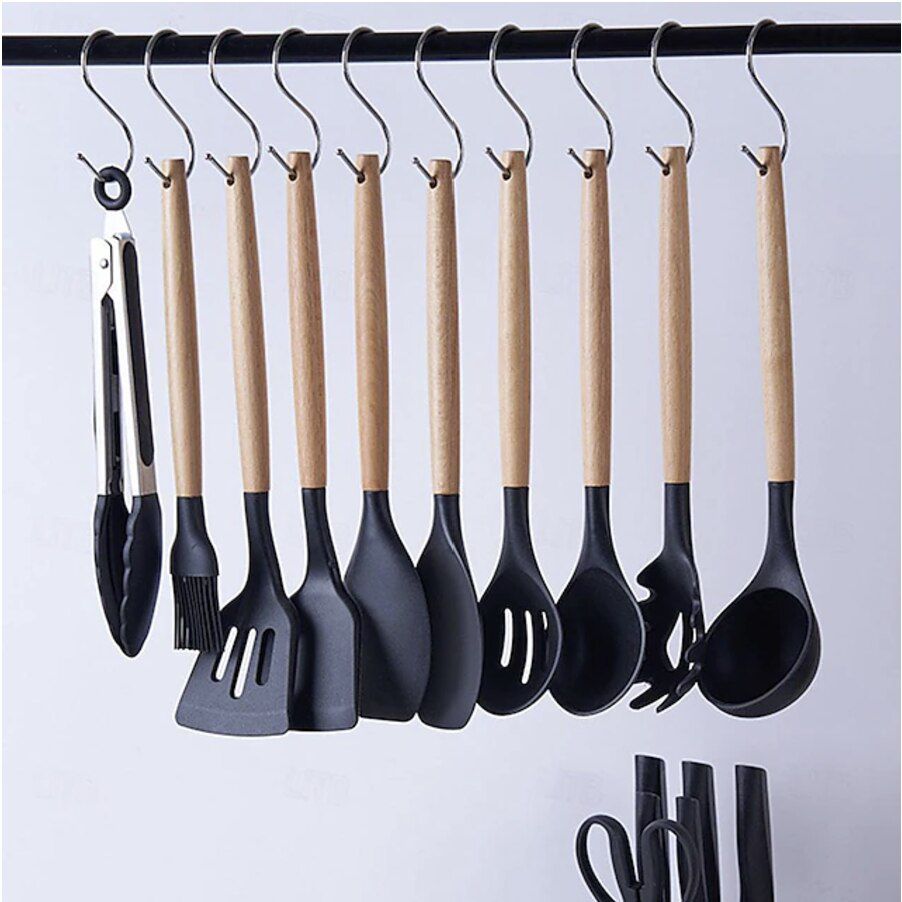 Set 19 ustensile de gatit din silicon , suport si tocator + ascuțitor de cuțite CADOU