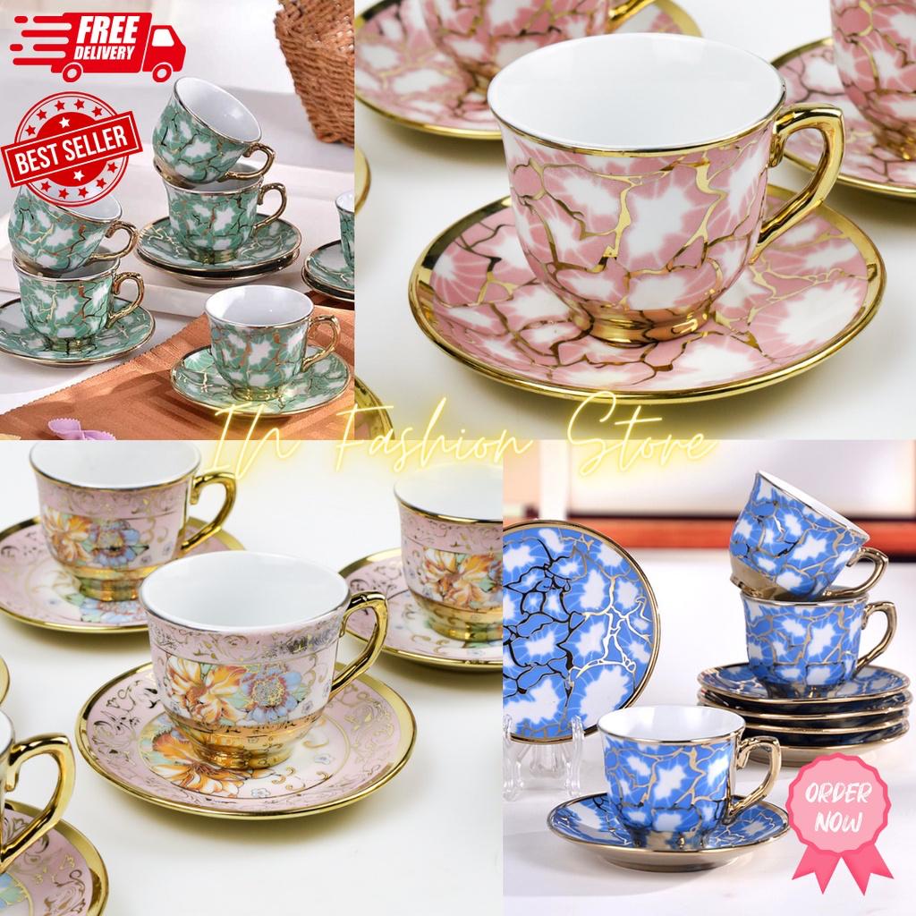 Set Elegant de Cafea – 6 Cești + 6 Farfurioare -Porțelan