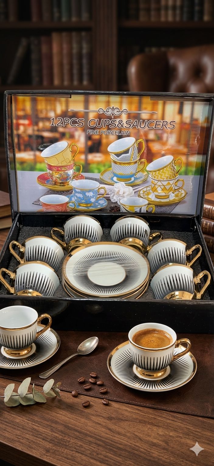 Set Elegant de Cafea – 6 Cești + 6 Farfurioare -Porțelan