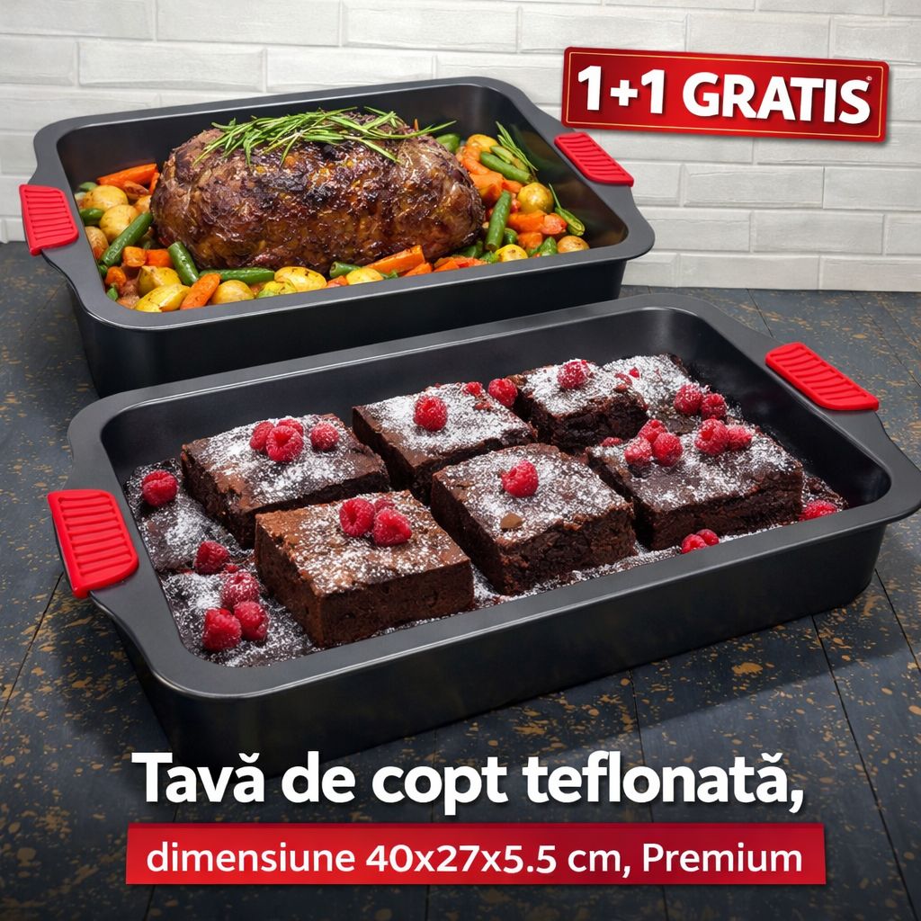 1+1 GRATIS, Tava de copt teflonata cu manere de silicon, 40 * 27 * 5.5 cm, Otel Carbon - Premium