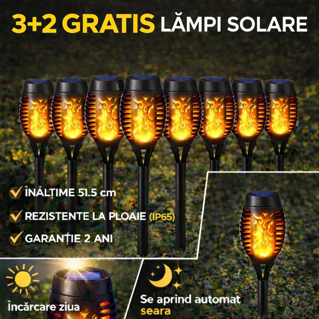 3+2 GRATIS  Lămpi Solare pentru Grădină, cu Efect de Flacără, Înălțime 51.5 cm, Rezistente la Ploaie, Mod Automat Noapte/Zi