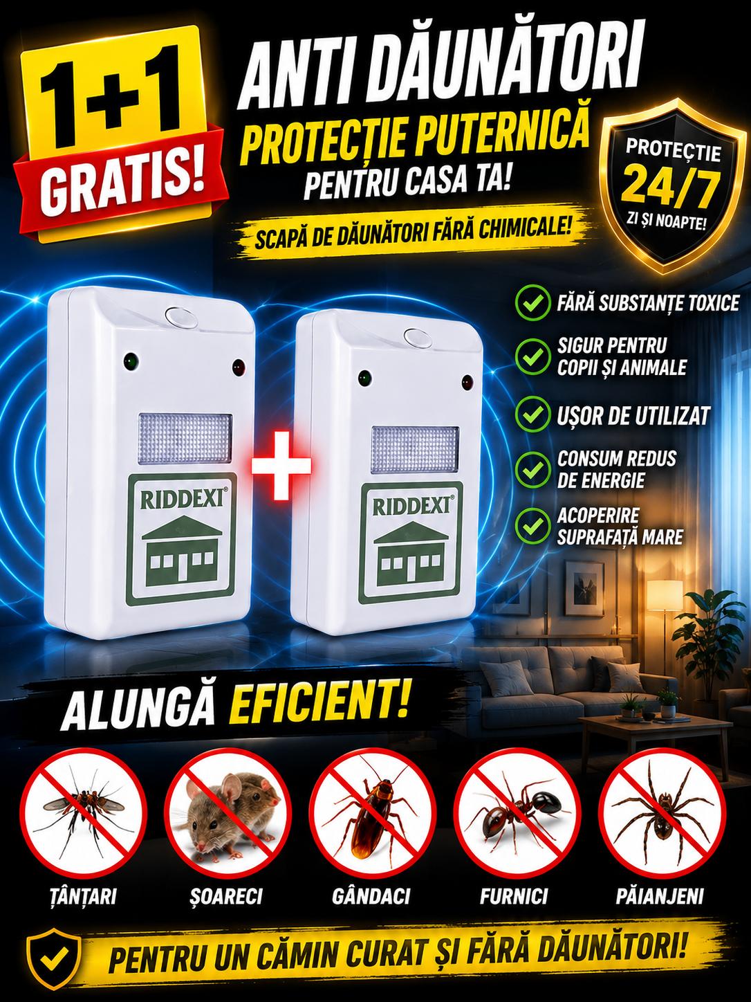 1+1 GRATIS – Dispozitiv Anti‑Daunători cu Ultrasunete (Șoareci, Gândaci, Țânțari)