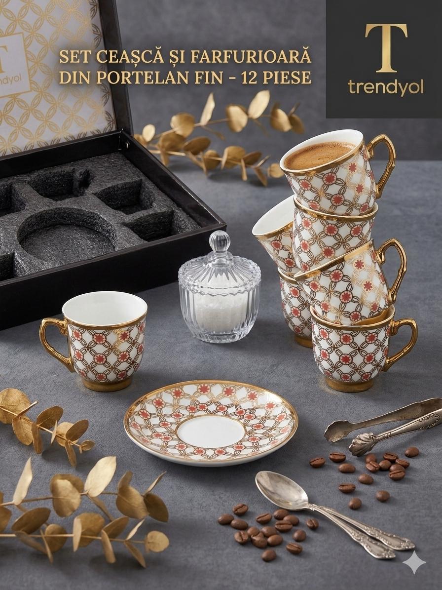 Set Elegant de Cafea – 6 Cești + 6 Farfurioare -Porțelan