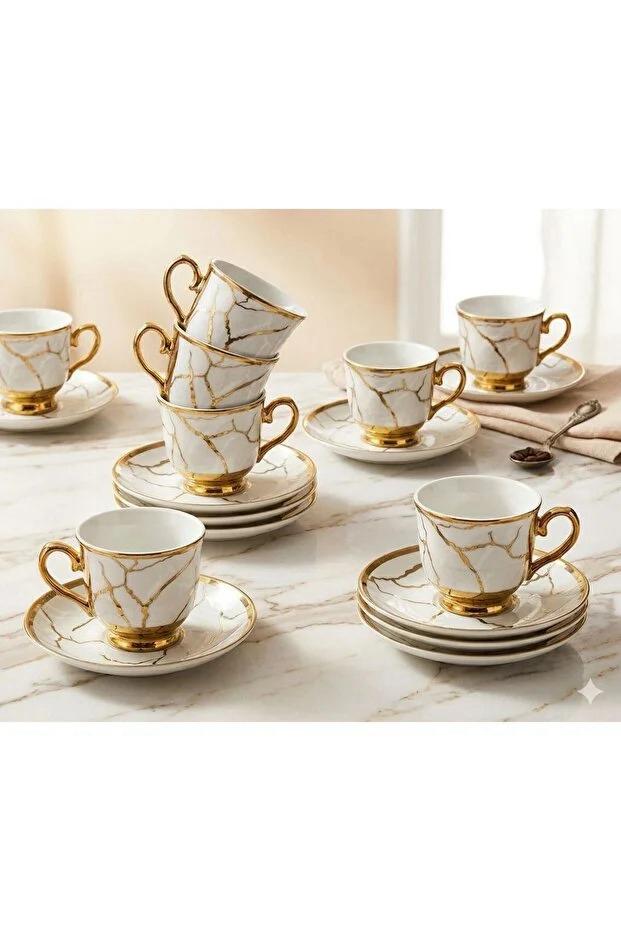 Set Elegant de Cafea – 6 Cești + 6 Farfurioare -Porțelan