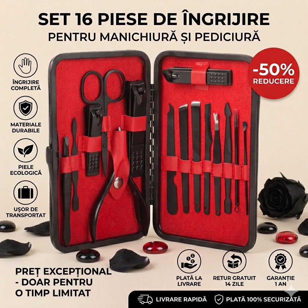 Set manichiura, pedichiura, 16 piese din inox, cu husa din piele, pentru ingrijirea completa a unghiilor