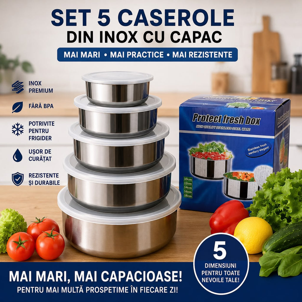 Storcător manual + Set 5 caserole din inox cu capac CADOU 🎁
