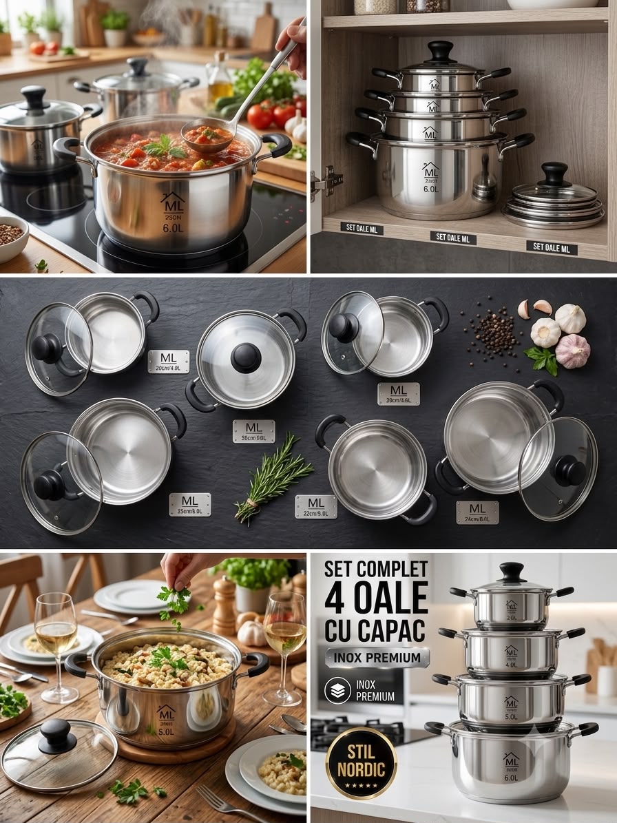 Mega Oferta! Set Complet 4 Oale Cu Capac, Inox Premium,  6,5,4,3 litrii