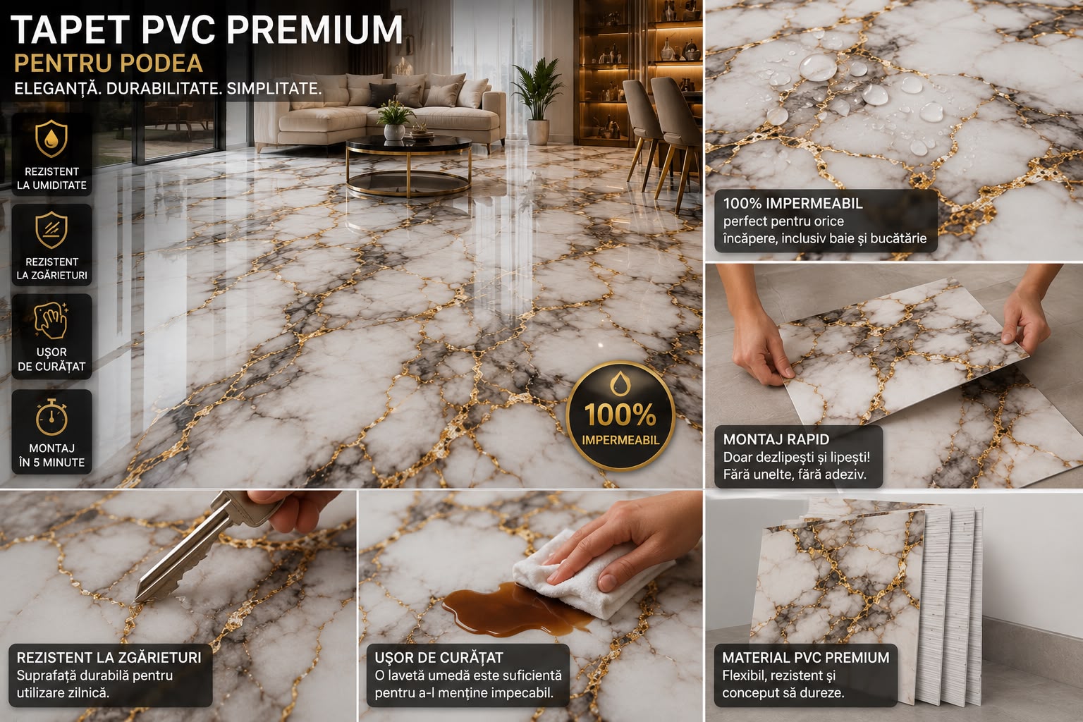 4+4 GRATIS, Tapet PVC PREMIUM pentru PODEA,rezistent la apa, 60cmX60CM