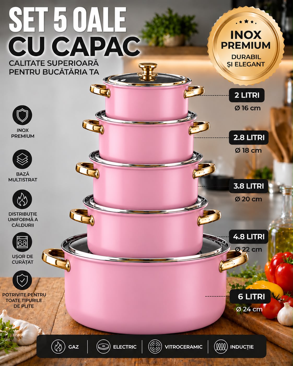 Set Complet 5 Oale Cu Capac, Inox Premium
