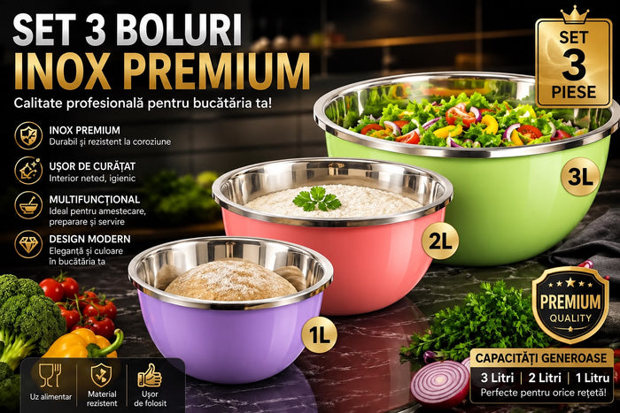 Set 3 Boluri Inox Premium – 24,20,18 cm | Design Modern, Rezistente și Ușor de Curățat