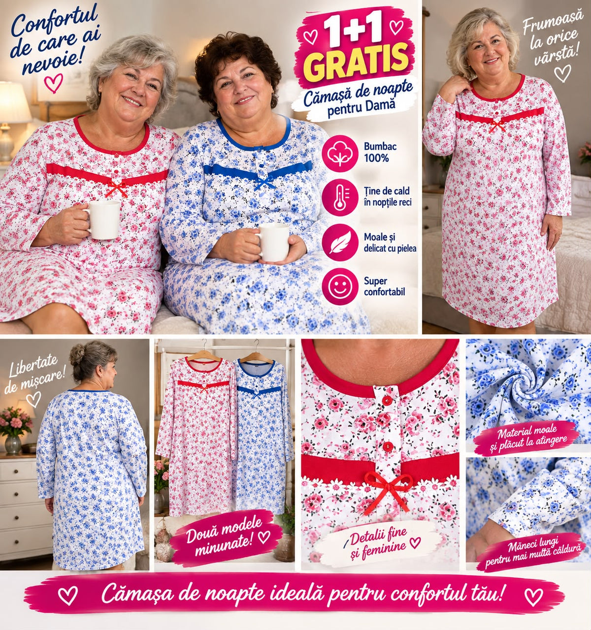 1+1 Gratis, Cămașă de noapte pentru damă, Călduroase, Moale, Super Confort, bumbac