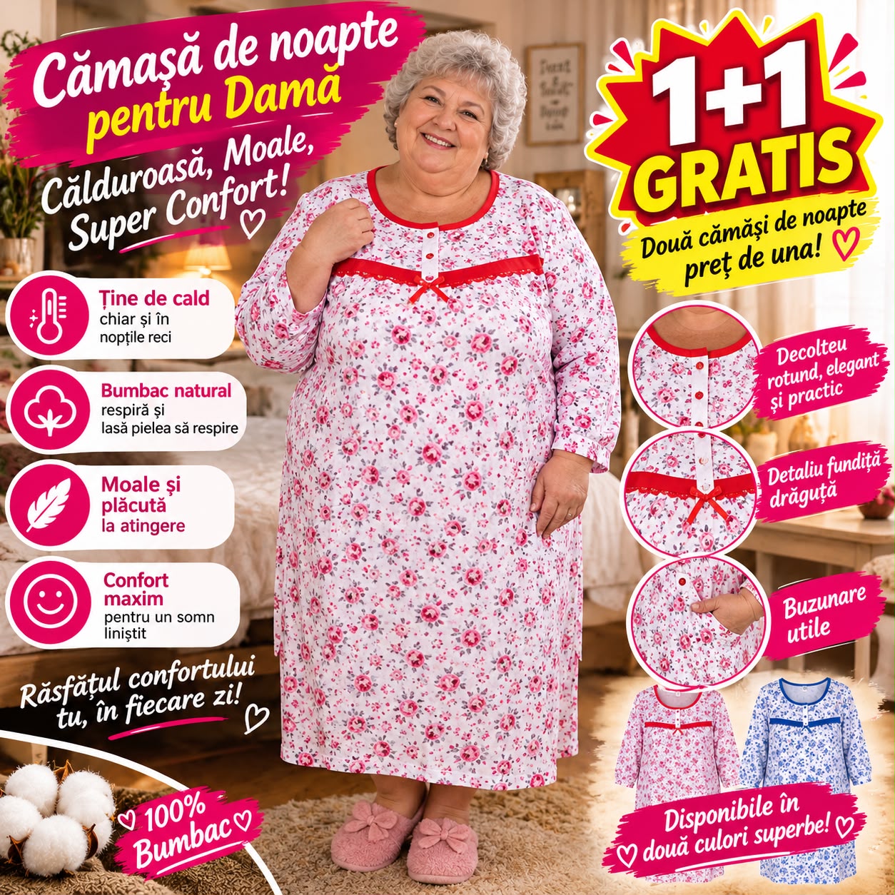 1+1 Gratis, Cămașă de noapte pentru damă, Călduroase, Moale, Super Confort, bumbac