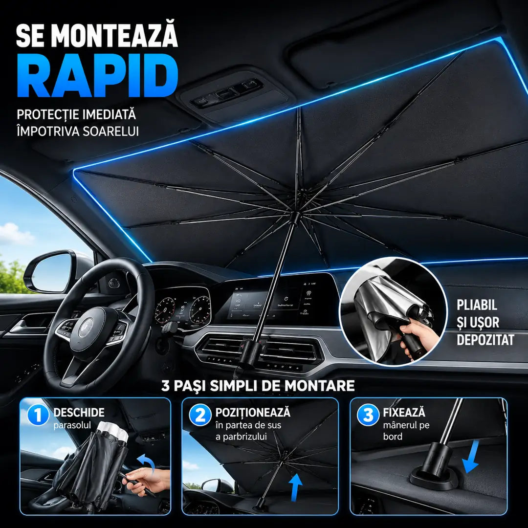 OFERTĂ: Parasolar Auto Tip Umbrelă + Prosop Ultra‑Absorbant CADOU 🎁