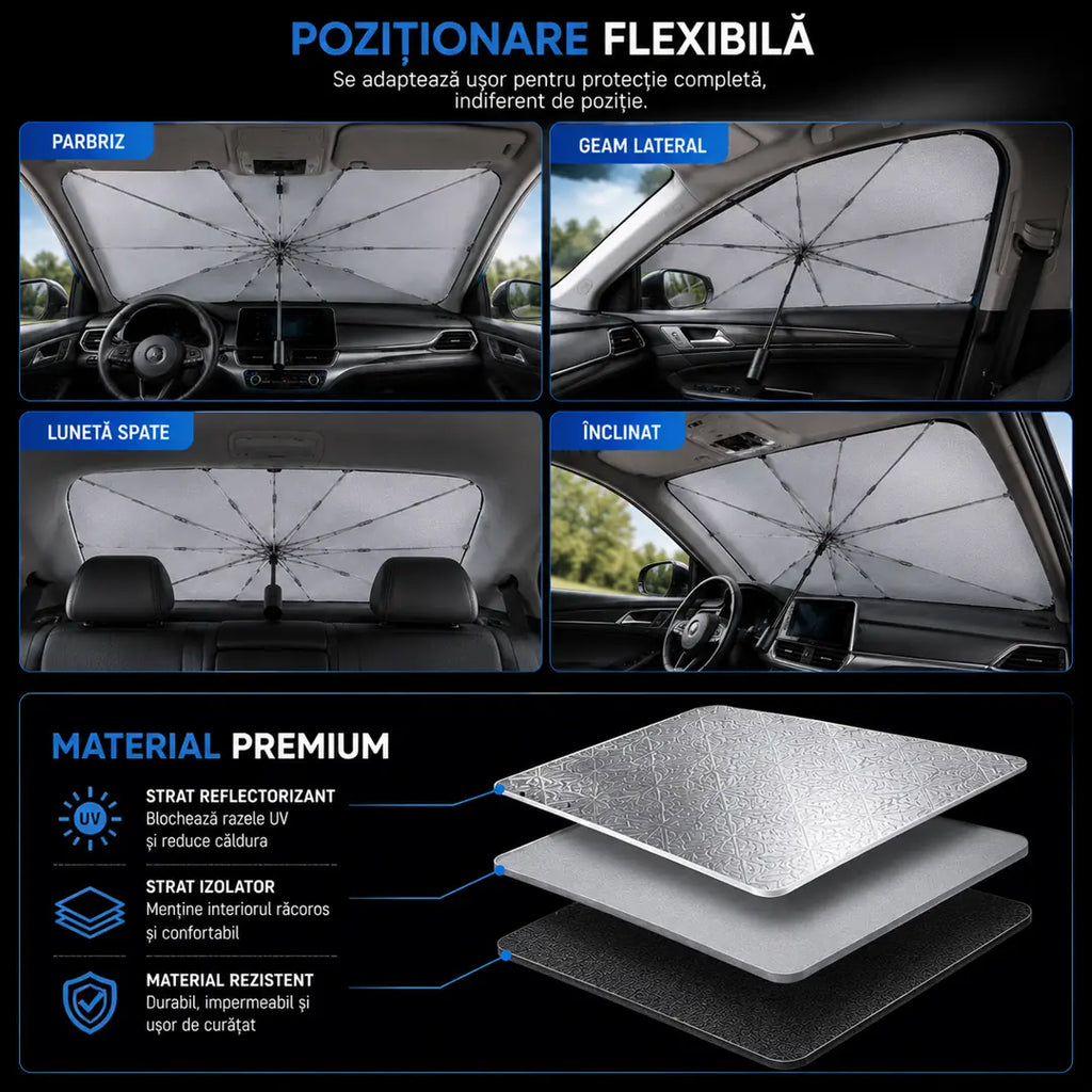 OFERTĂ: Parasolar Auto Tip Umbrelă + Prosop Ultra‑Absorbant CADOU 🎁