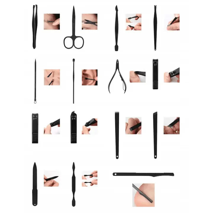 Set manichiura, pedichiura, 16 piese din inox, cu husa din piele, pentru ingrijirea completa a unghiilor