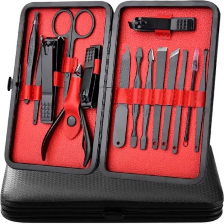 Set manichiura, pedichiura, 16 piese din inox, cu husa din piele, pentru ingrijirea completa a unghiilor