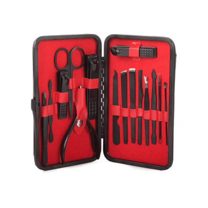 Set manichiura, pedichiura, 16 piese din inox, cu husa din piele, pentru ingrijirea completa a unghiilor